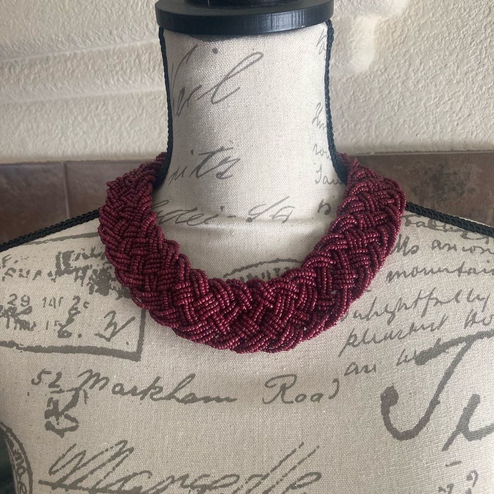Braided Glass Seed Bead Necklace, Burgundy
